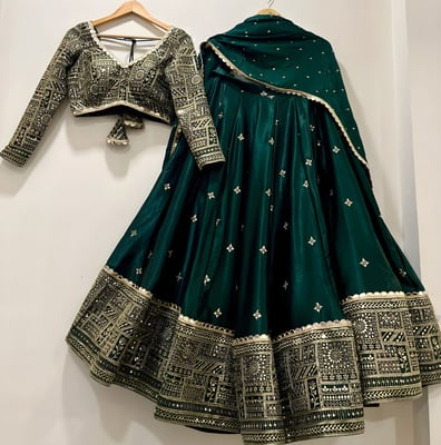 Green Embroidered Silk Lehenga Choli Dupatta Set for Women