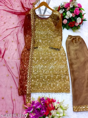 Heavy Embroidered Sequence Work Golden Kurta Plazzo Dupatta Set