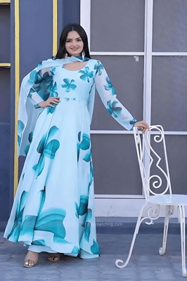 Sky Blue Georgette Gown with Dupatta Set 