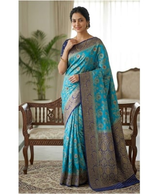 teal blue Banarasi silk saree