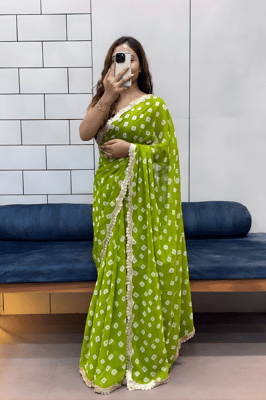lime green bandhani georgette saree with an embroidered or lace border. 