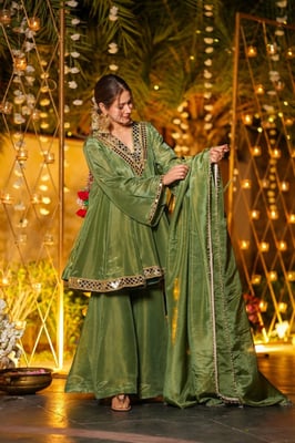 Green Festive Wear Mirror Work Anarkali Kurta Set
