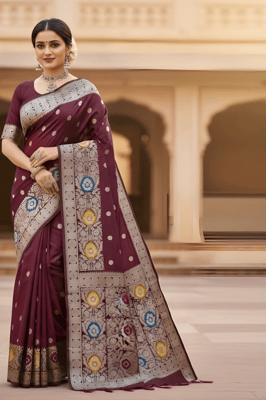 Banarasi silk saree in a deep maroon or wine hue, 
