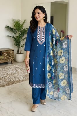 Sequence Work Round Neck Embroidery Work Roman Silk Women Kurta Pant Dupatta Set 