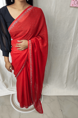 Emblished Chinnon Silk Saree With red Piece nevi red