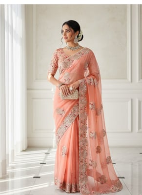 Net Saree with blouse in Peach colour 