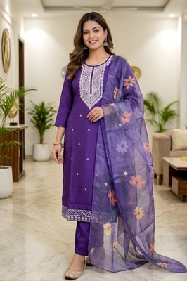 Women's Embroidered Roman Silk Kurta Pant Dupatta Set 