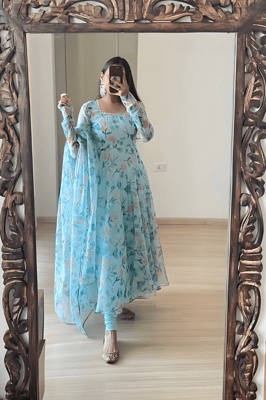 Sky blue Floral Gown With Dupatta Set for Women