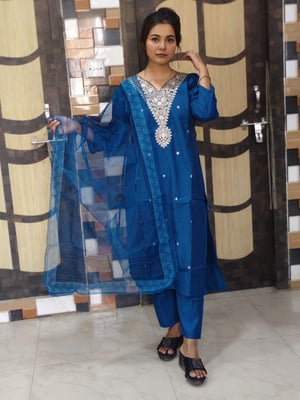 V Neck Hand Worked Roman Silk Royal Blue Kurta Set  
