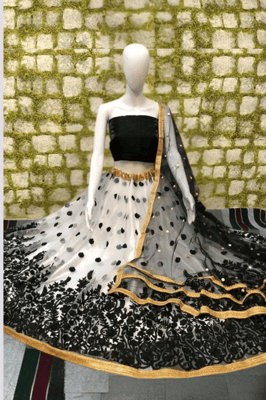 Attractive Embroidered Semi Stitched Net Lehenga Choli Dupatta Set for Women (Black)