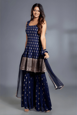 Buy this fancy Embroidered Kurta Sharara Dupatta Set