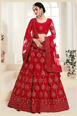 Embroidered Semi Stitched Red Net Lehenga