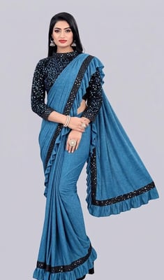 Ready To Wear Lycra Blend blue Ruffle Saree With Blouse Piece