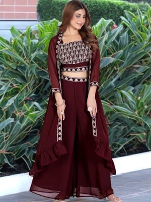 Women's Embroidered Shrug Palazzo Top Set