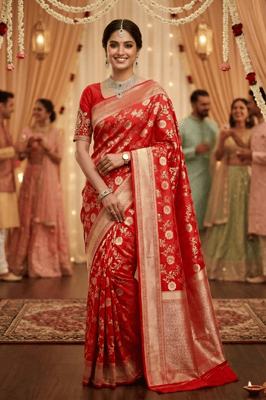  Premium Red Kanjivaram Silk Saree With Blouse Piece