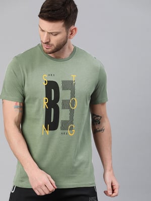 HRX Men Olive Green Solid Bio Wash Running T-shirt