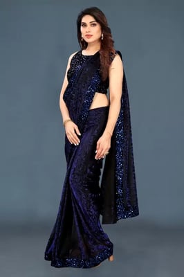 Nevy Blue Partywear Lace Border Lycra Blend Saree
