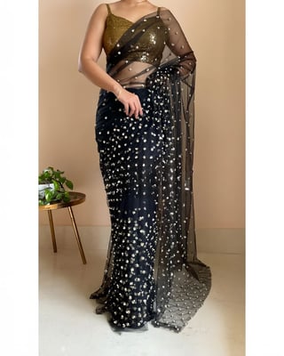 Pearl and Sequin Embroidered Soft Net Saree 