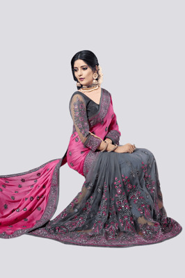 Embroidered Half and Half Pink Grey Net and Silk Saree With Blouse Piece 