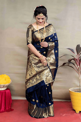 Litchi Silk Jacquard Banarasi Silk Saree With Blouse Piece (Nevy Blue)