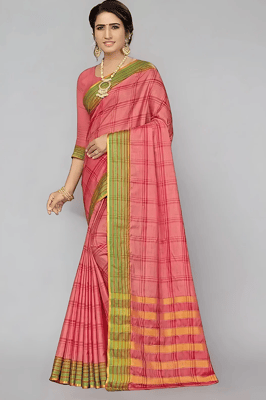 Check Print Cotton Silk Saree With Blouse Piece (Orange)