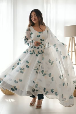 white Floral Gown With Dupatta Set for Women (green)