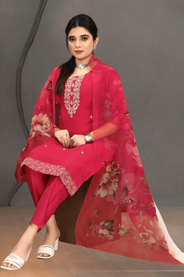 Roman Silk Kurta Pant Dupatta Set for Women (Pink)