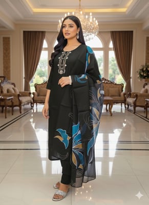 New Neck Design Fully Stitched Roman Silk Kurta Set For Women (Black)