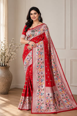 Multicolor Flower Border Bananasi Silk Saree With Blouse Piece 