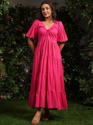 Women Checked Cotton Fit & Flare Maxi Dresses