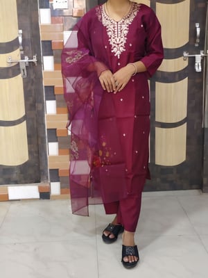 Fully Stitched Embroidery Design Roman Silk Maroon Kurta Pant and Shawl set