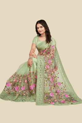 Embroidered Bollywood Net Saree With Blouse Piece (Green)