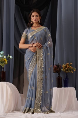 Straight Border Mirror Work Embroidered Georgette Saree with Blouse Piece (Grey)