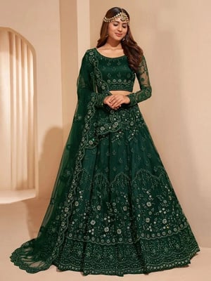 Green Semi Stitched Net Lehenga Choli Dupatta Set 