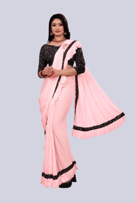 Ready To Wear Lycra Blend Pink Ruffle Saree With Blouse Piece 