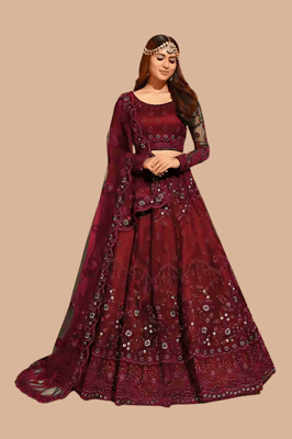 Embroidered Semi Stitched Maroon Net Lehenga Choli For Women 