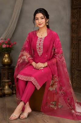 Roman Silk Kurta Pant Dupatta Set for Women (Pink)