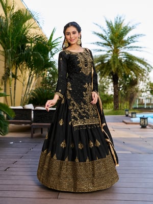 Attractive Embroidered Semi Stitched Net Lehenga Choli Dupatta Set for Women (Black)