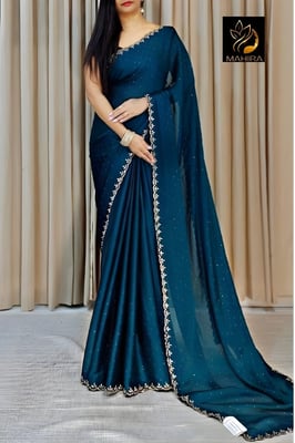 Emblished Chinnon Silk Saree With Blouse Piece (blue) 