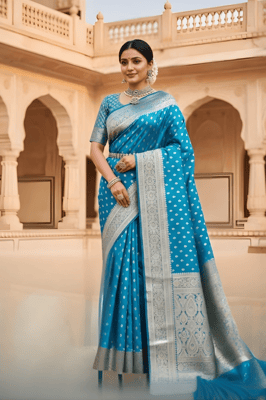 Banarasi Satin Silk Saree in a vibrant cyan or azure blue color.