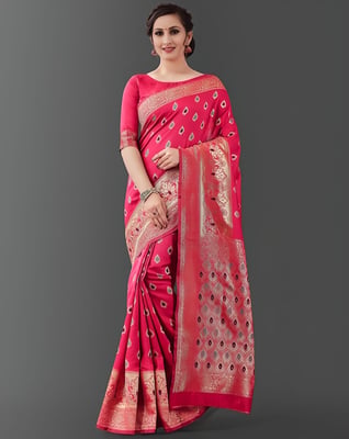 Banarasi Woven Pink Zari Work Sari With Blouse Piece 