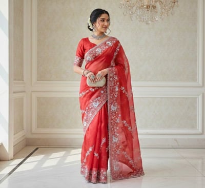 Red Jimmy Choo Zari and Floral Embroidery Saree