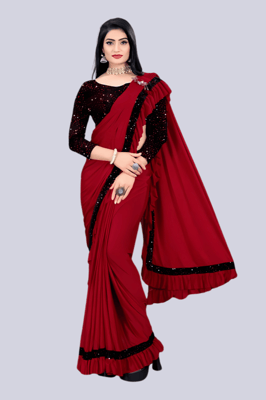 Ready To Wear Lycra Blend Red Ruffle Saree With Blouse Piece