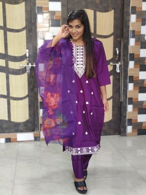 Fully stitched Embroidered Design Roman Silk Purple KurtaSet  