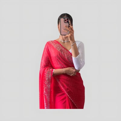 Diamond Work Chiffon Saree for Women (Red)