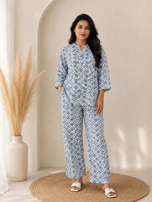 Box Printed Pure cotton Cord Set For Women (Blue)