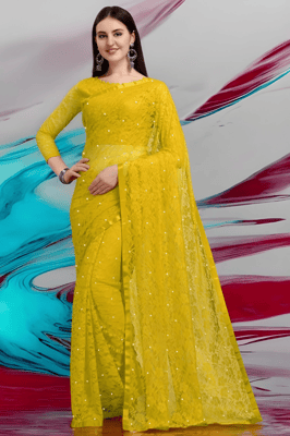 Moti Work Soft Net Emblished Fancy Saree With Blouse piece