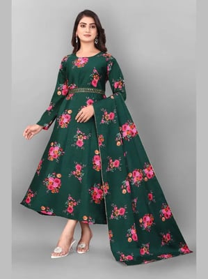 Floral Anarkali Gown With Belt Dupatta Set for Women