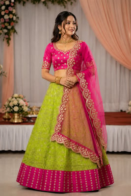 Women's Contrast Satin Silk Embroidered Semi-stitched Lehenga with Chiffon Dupatta