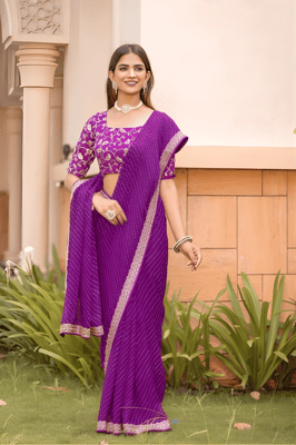Striped, Embellished Georgette Saree , (purple)